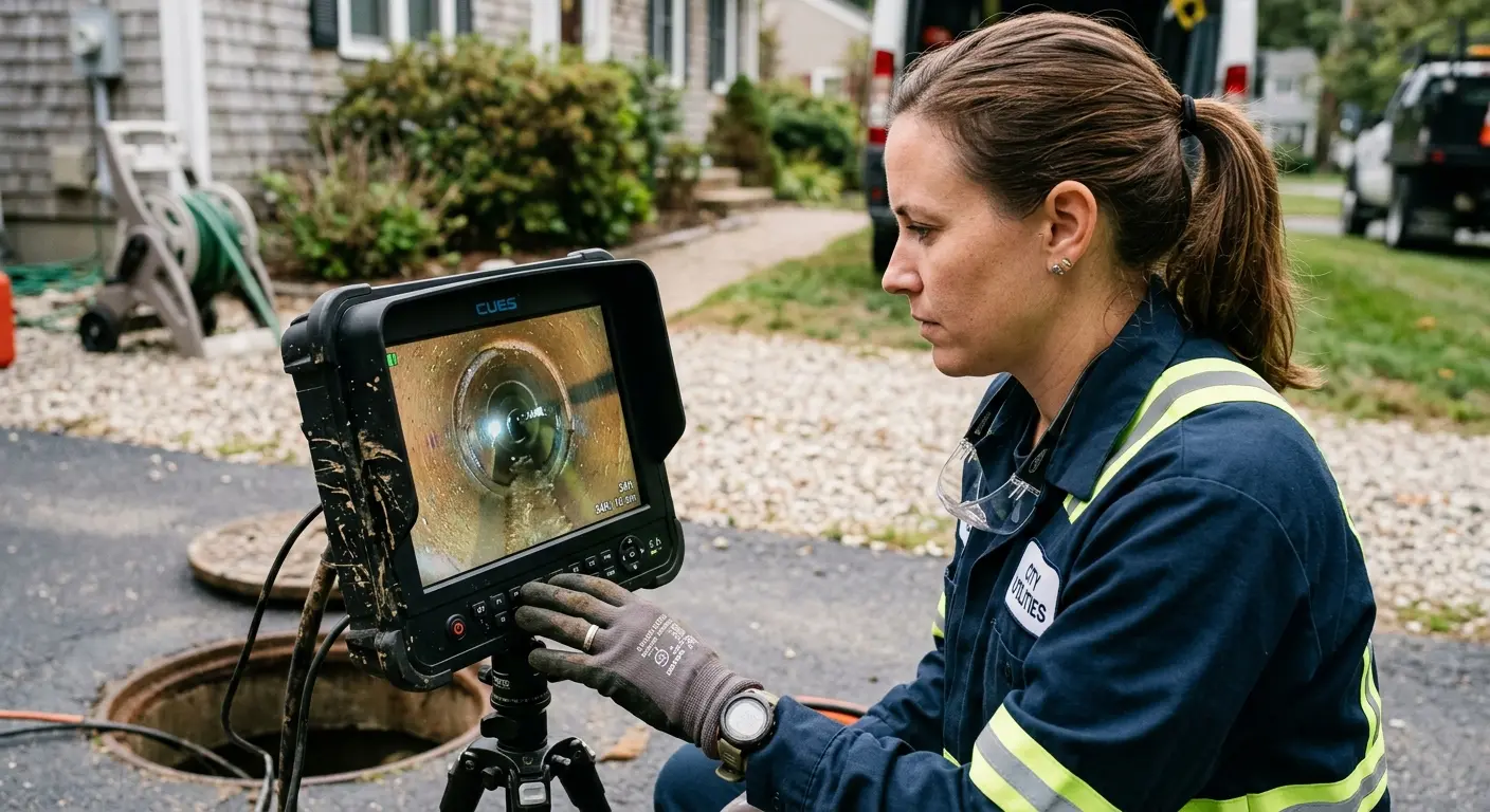 Technician reviewing sewer camera inspection footage in Boulder City