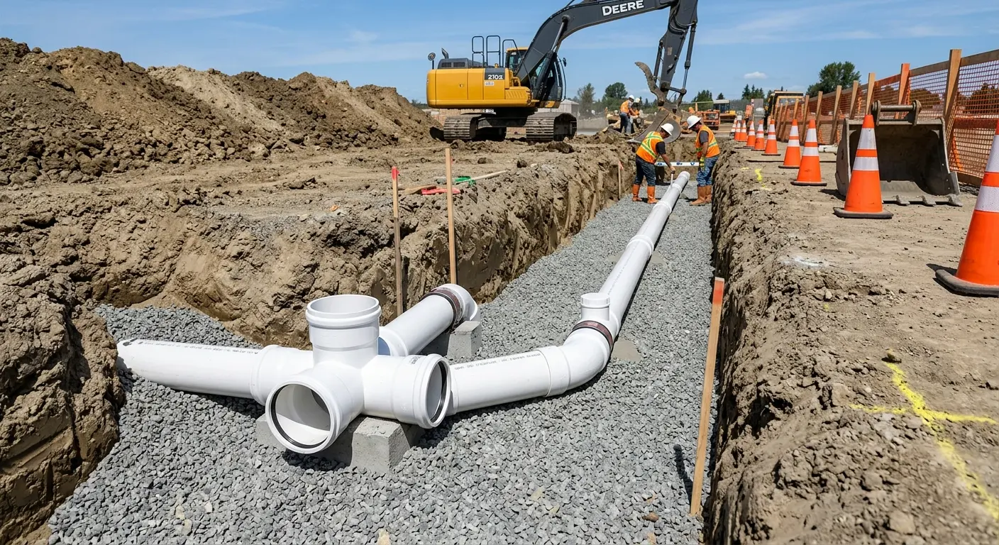 New PVC sewer pipe installation in open trench for Sewer Backup in Boulder City