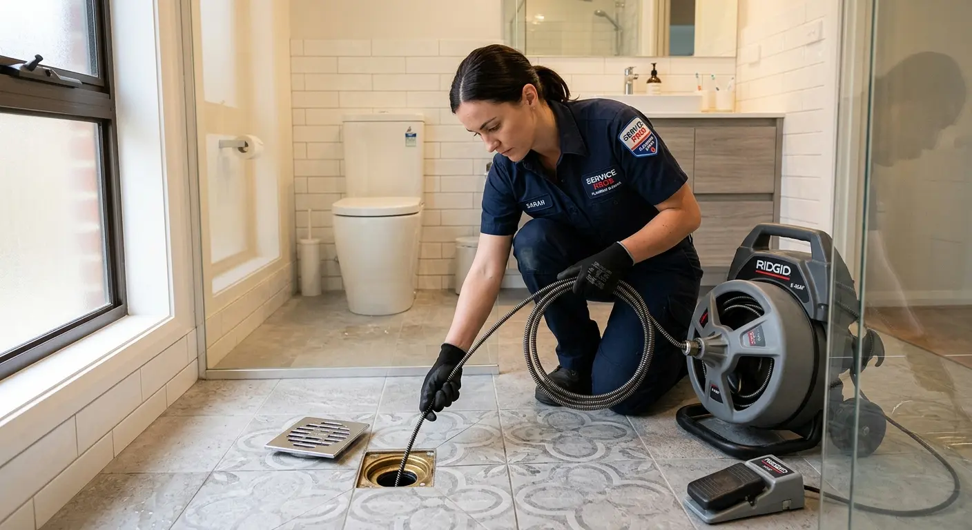 Technician clearing a bathroom floor drain for Drain Cleaning in Boulder City